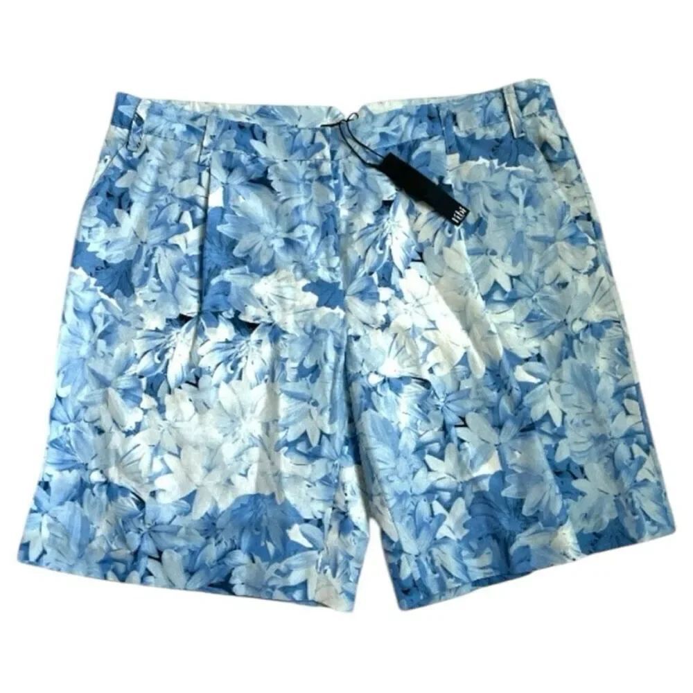 Tibi Shorts 10 NEW Blue Floral Silk and Linen 9” Inseam